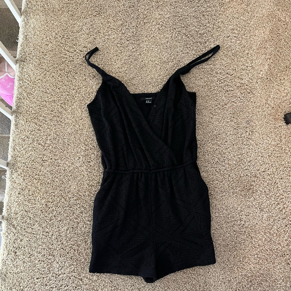 Black, spaghetti strap , v neck, shorts jumper, lacy looking